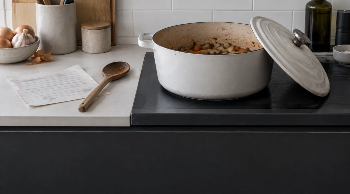 Cocotte en fonte crème posée sur une plaque sombre, couvercle appuyé contre elle, cuillère en bois et feuille de papier sur le plan de travail